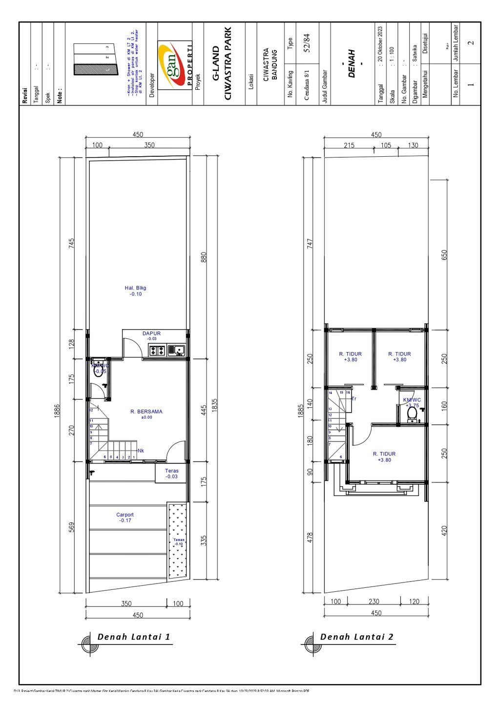 foto denah rumah tipe 52 Compact 3KT + Teras + High Ceiling (611) perumahan G-Land Ciwastra Park