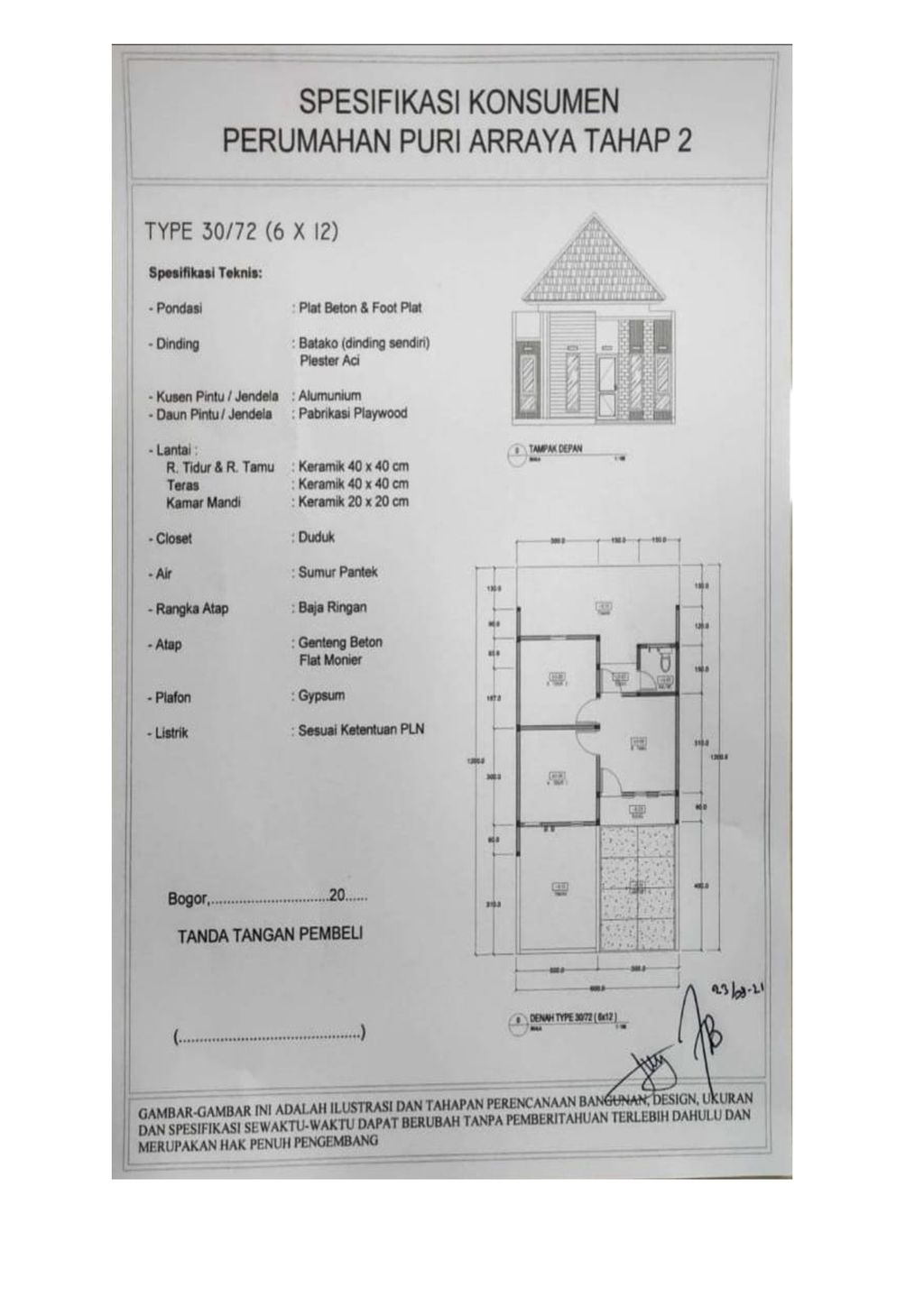 foto denah rumah tipe 30/72 CALYA perumahan PURI ARRAYA