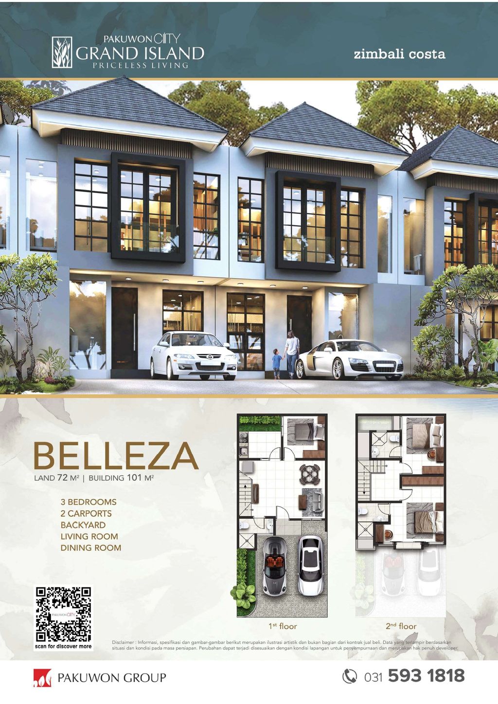 foto tampak rumah tipe BELLEZA perumahan ZIMBALI COSTA PAKUWON CITY