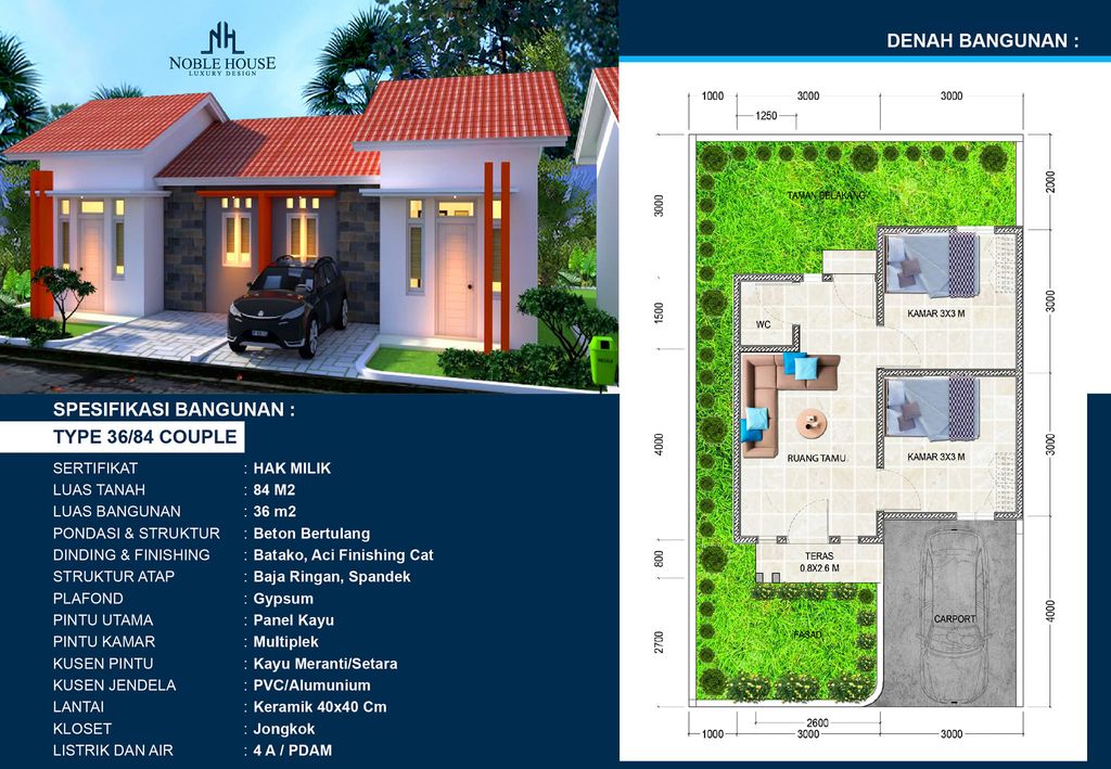 foto denah rumah tipe 36 Hook (komersil) perumahan NOBLE HOUSE