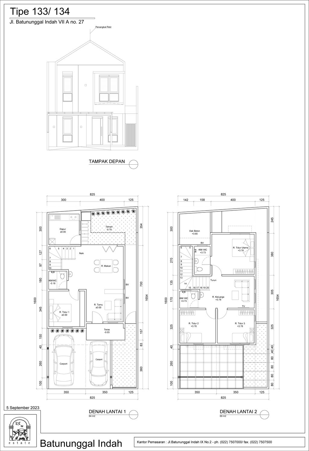 foto denah rumah tipe 133/134 perumahan BATUNUNGGAL INDAH ESTATE BI & BIR