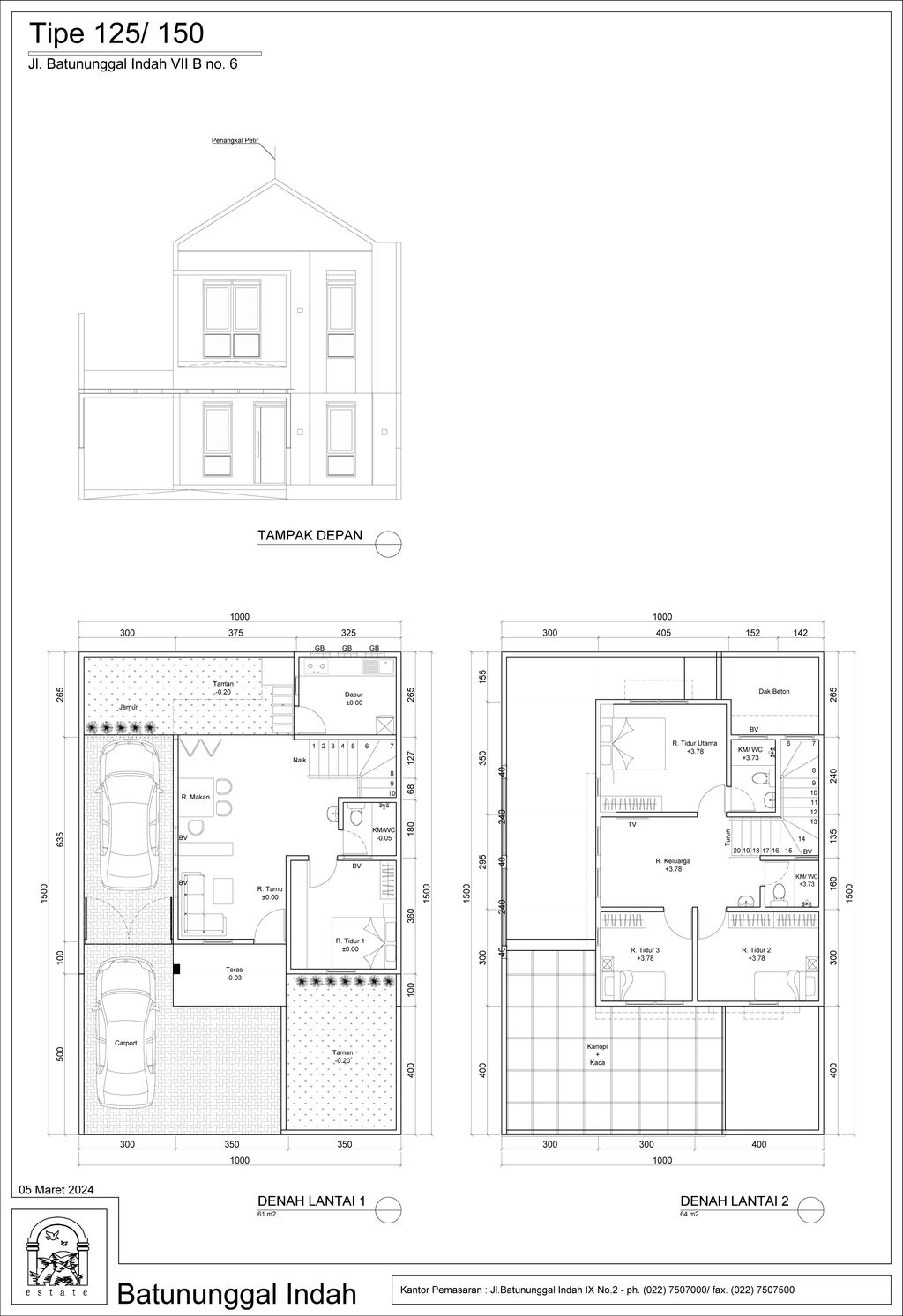 foto denah rumah tipe 125/150 perumahan BATUNUNGGAL INDAH ESTATE BI & BIR