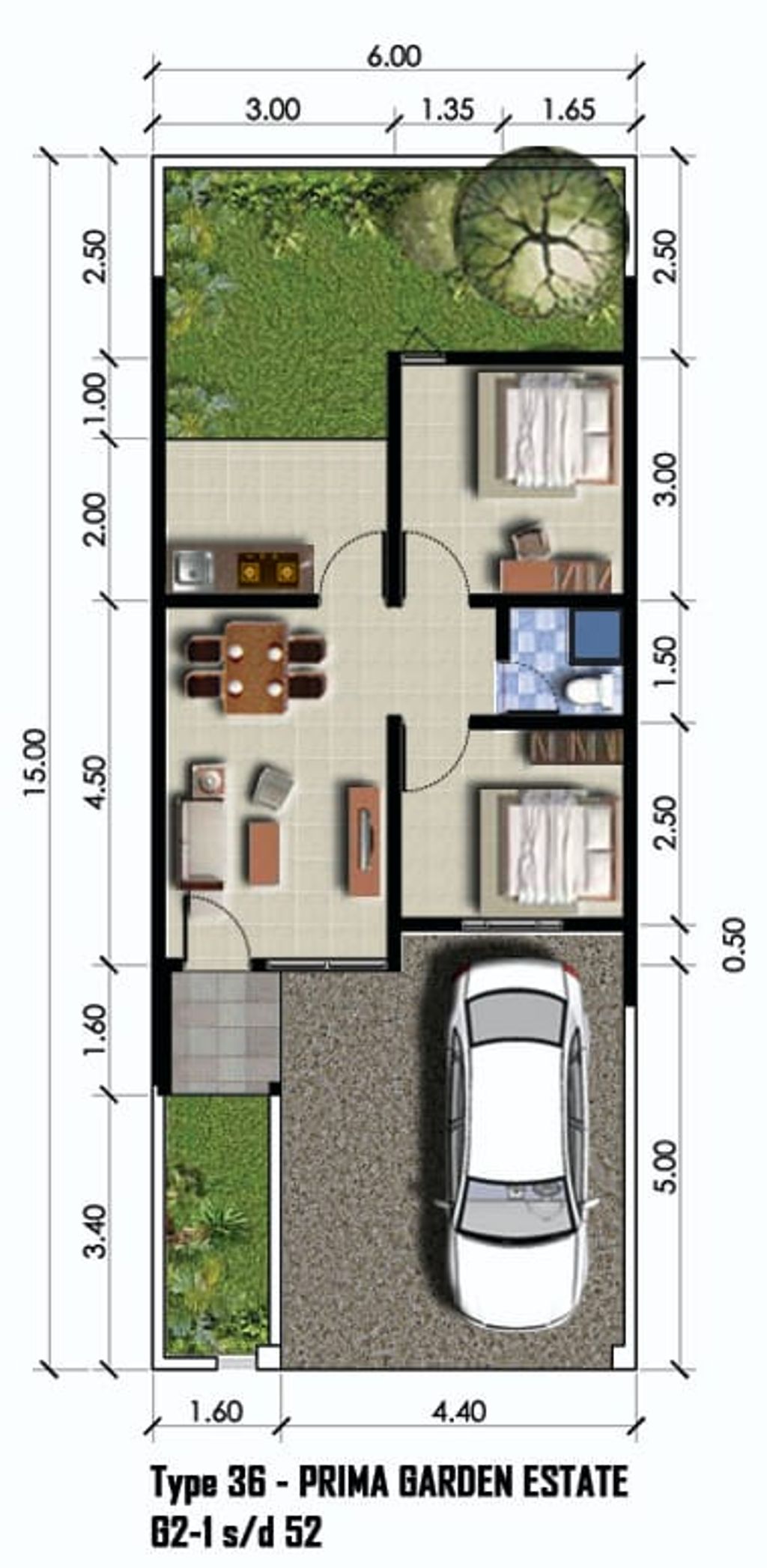 foto denah rumah tipe T.36 MARIGOLD G1 perumahan PRIMA GARDEN ESTATE