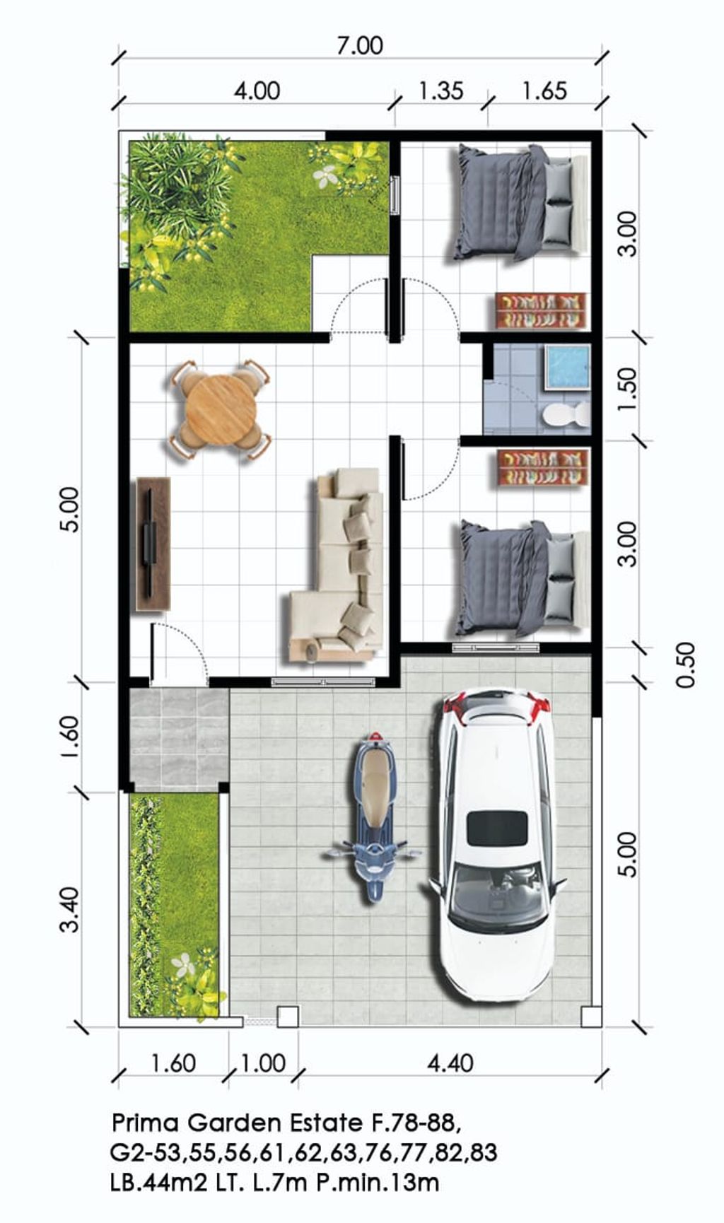 foto denah rumah tipe T. 44 perumahan PRIMA GARDEN ESTATE