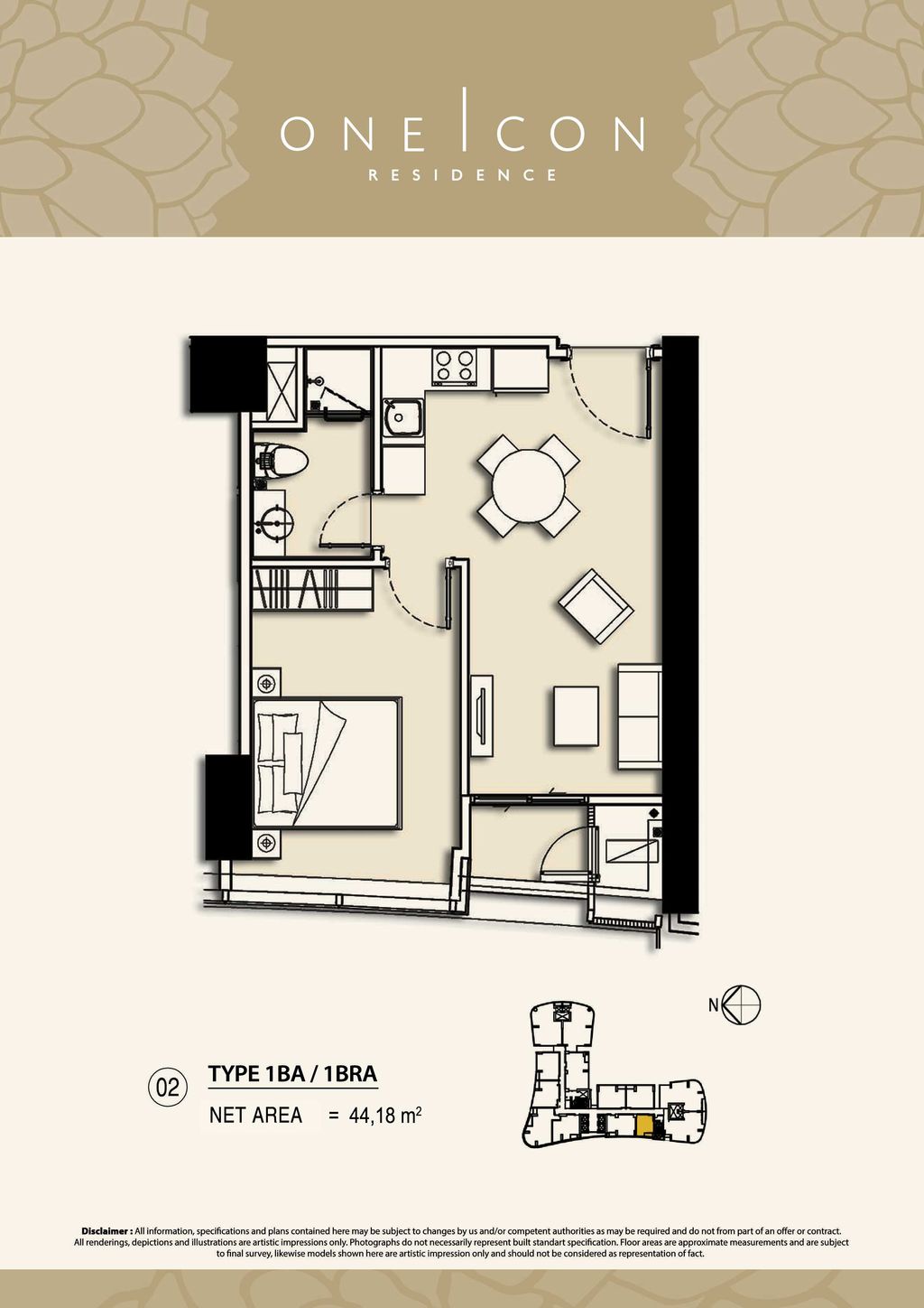 foto denah rumah tipe 1BA / 1BRA perumahan TOWER ONE ICON, SUPERBLOK TUNJUNGAN CITY