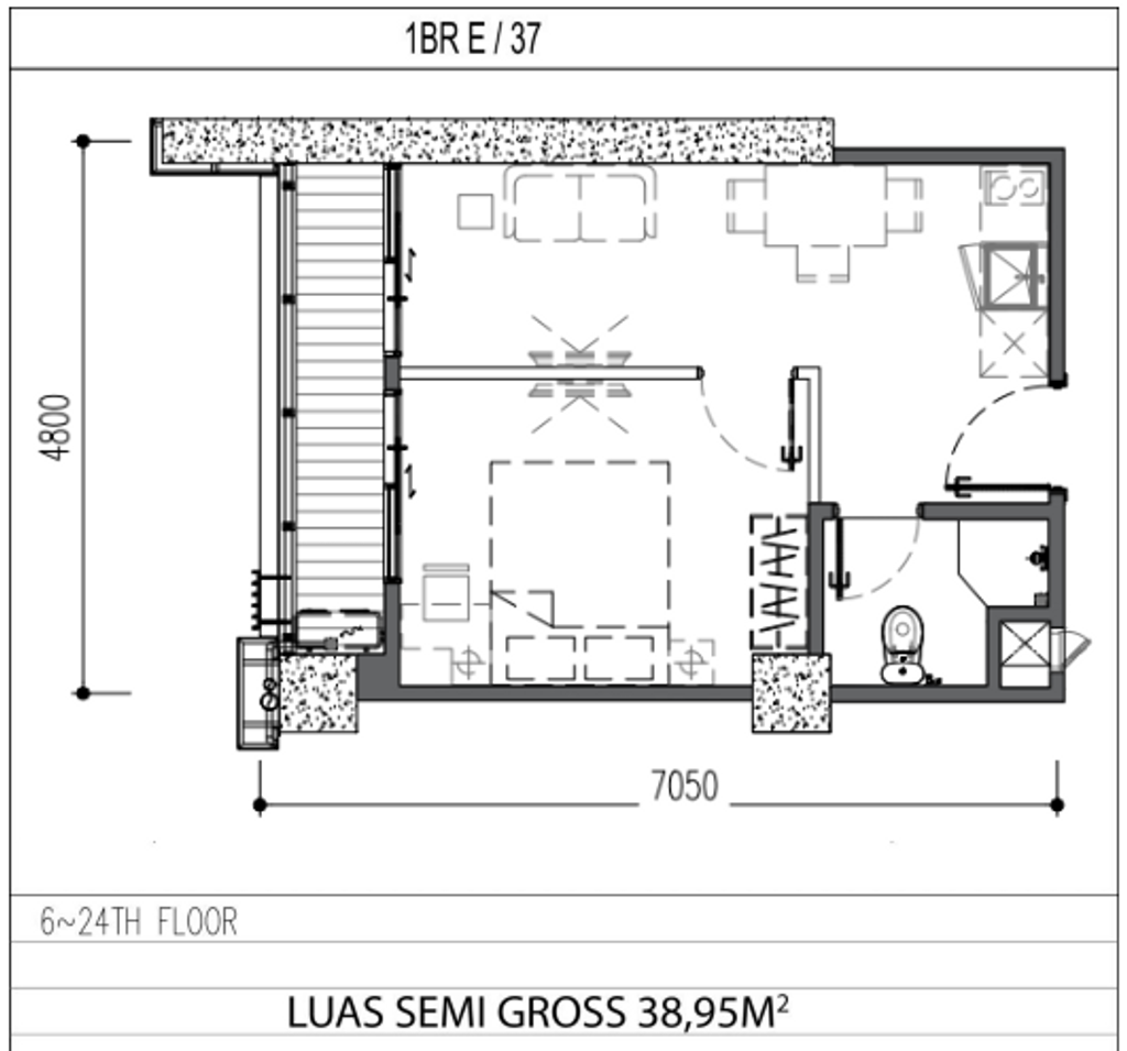 foto denah rumah tipe 1 BR E perumahan APARTEMEN ANWA RESIDENCE