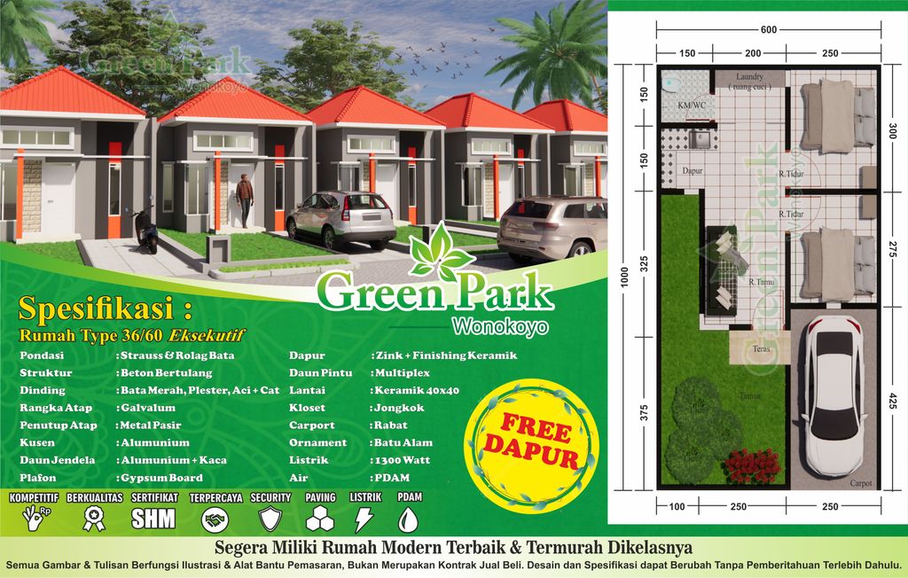 foto denah rumah tipe 36 perumahan GREEN PARK WONOKOYO III