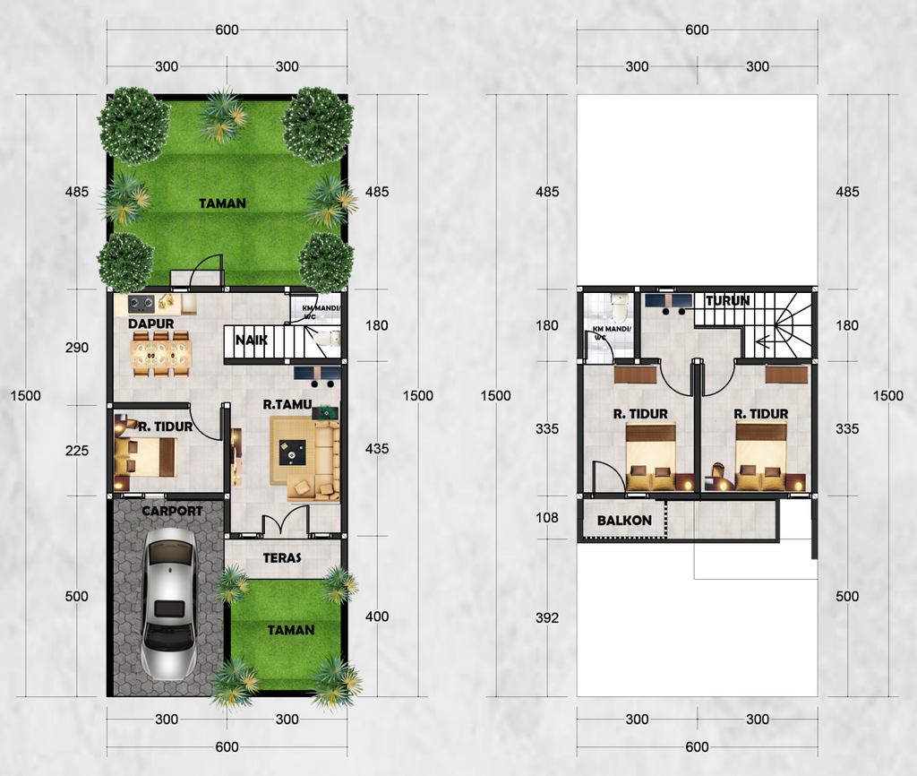 foto denah rumah tipe 70 balcon perumahan Green Village
