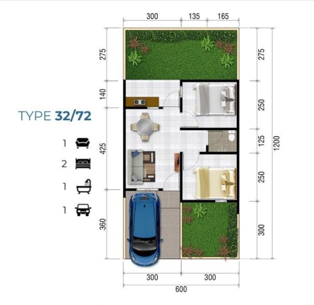foto denah rumah tipe 32/72 perumahan Grand Sutera Kragilan