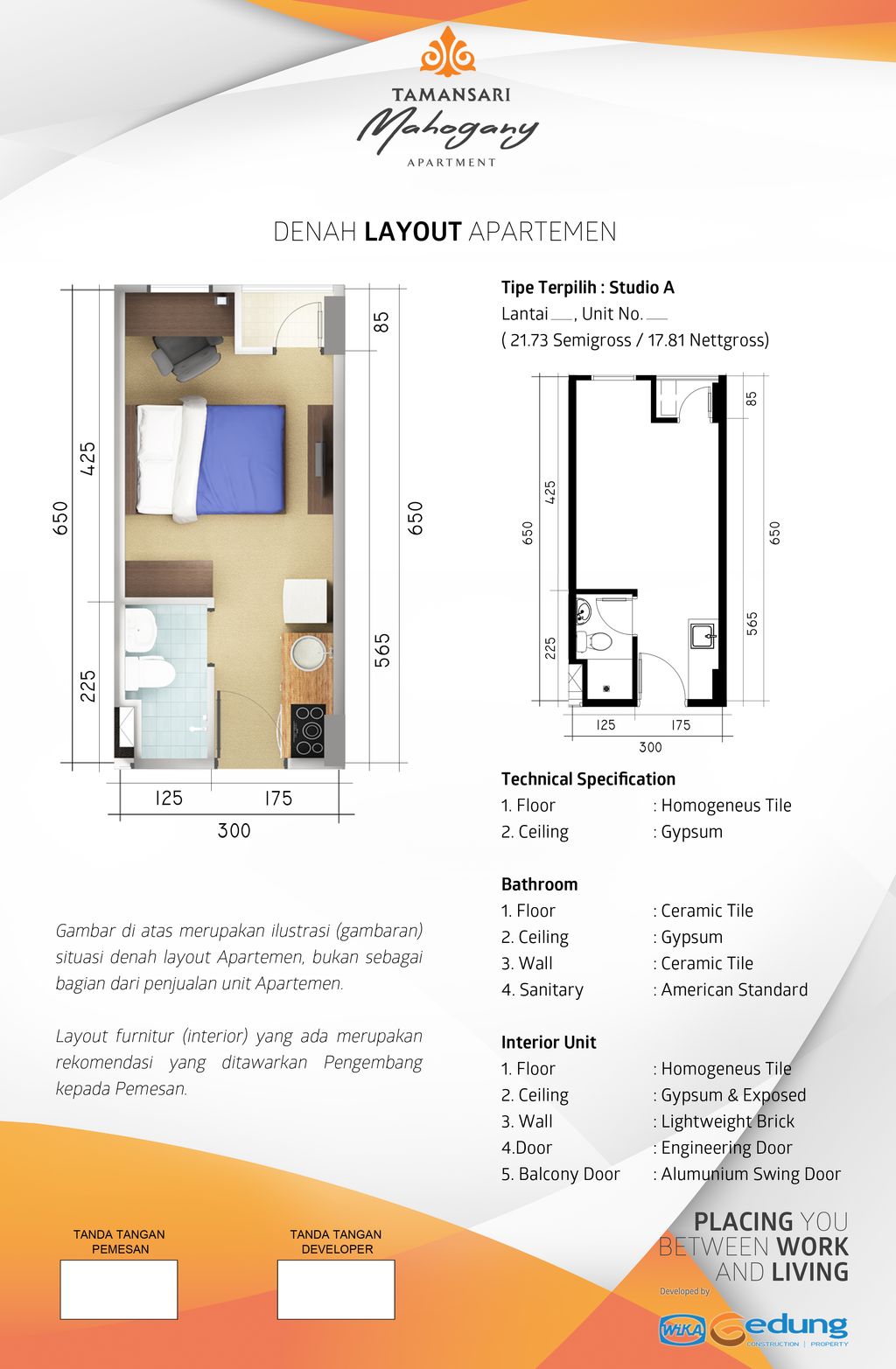 foto denah rumah tipe Studio A perumahan TAMANSARI MAHOGANY APARTMENT