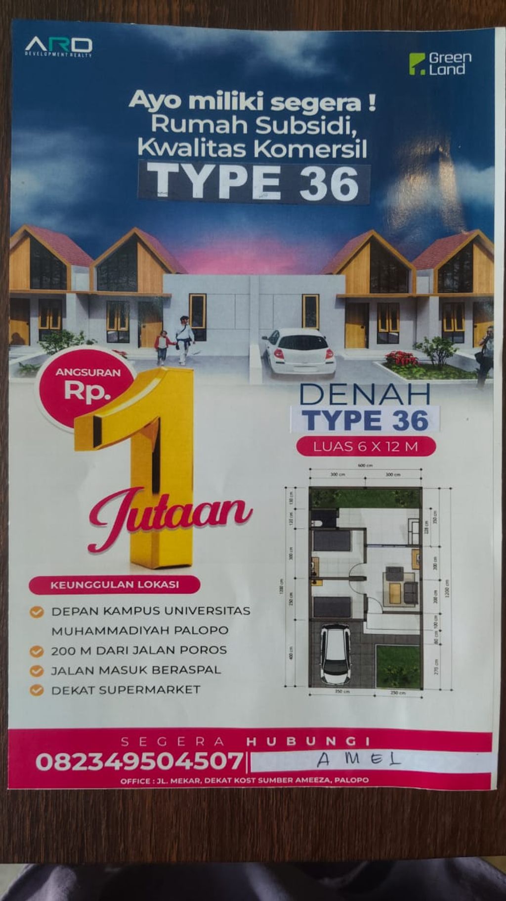foto denah rumah tipe SUBSIDI perumahan GREEN LAND