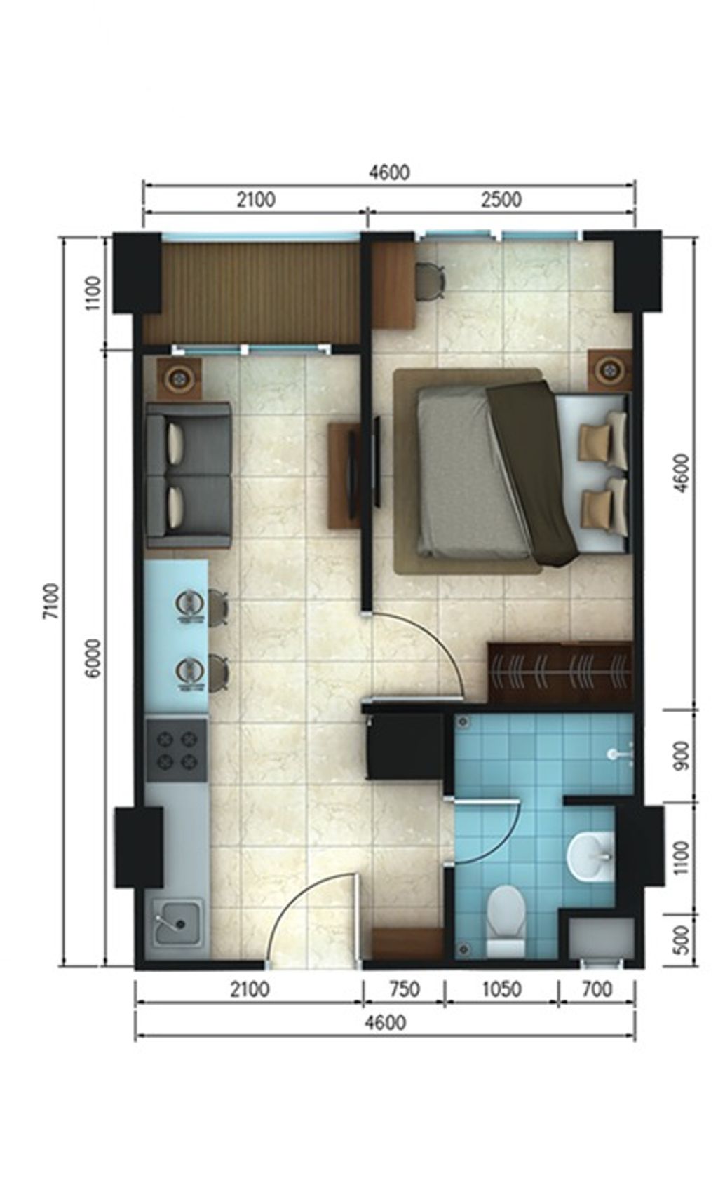 foto denah rumah tipe 1 BR perumahan Apartemen Tamansari Skylounge Makassar