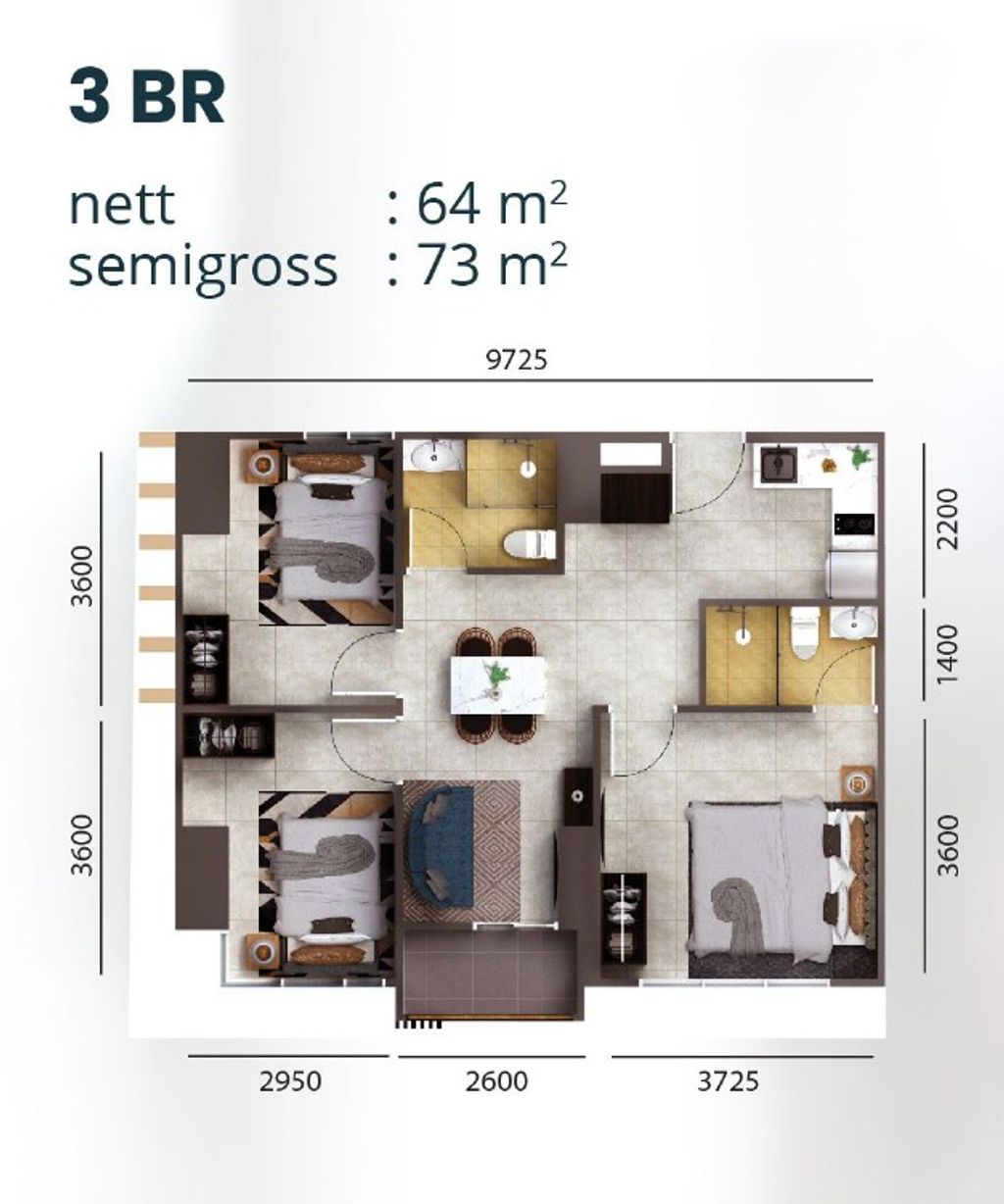 foto denah rumah tipe 3 BR perumahan Jakarta Garden City Cleon Apartment