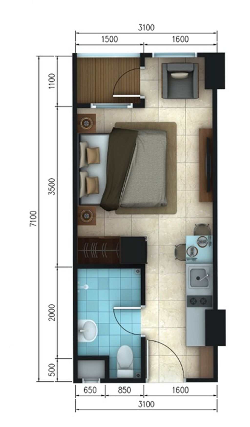 foto denah rumah tipe Studio perumahan Apartemen Tamansari Skylounge Makassar