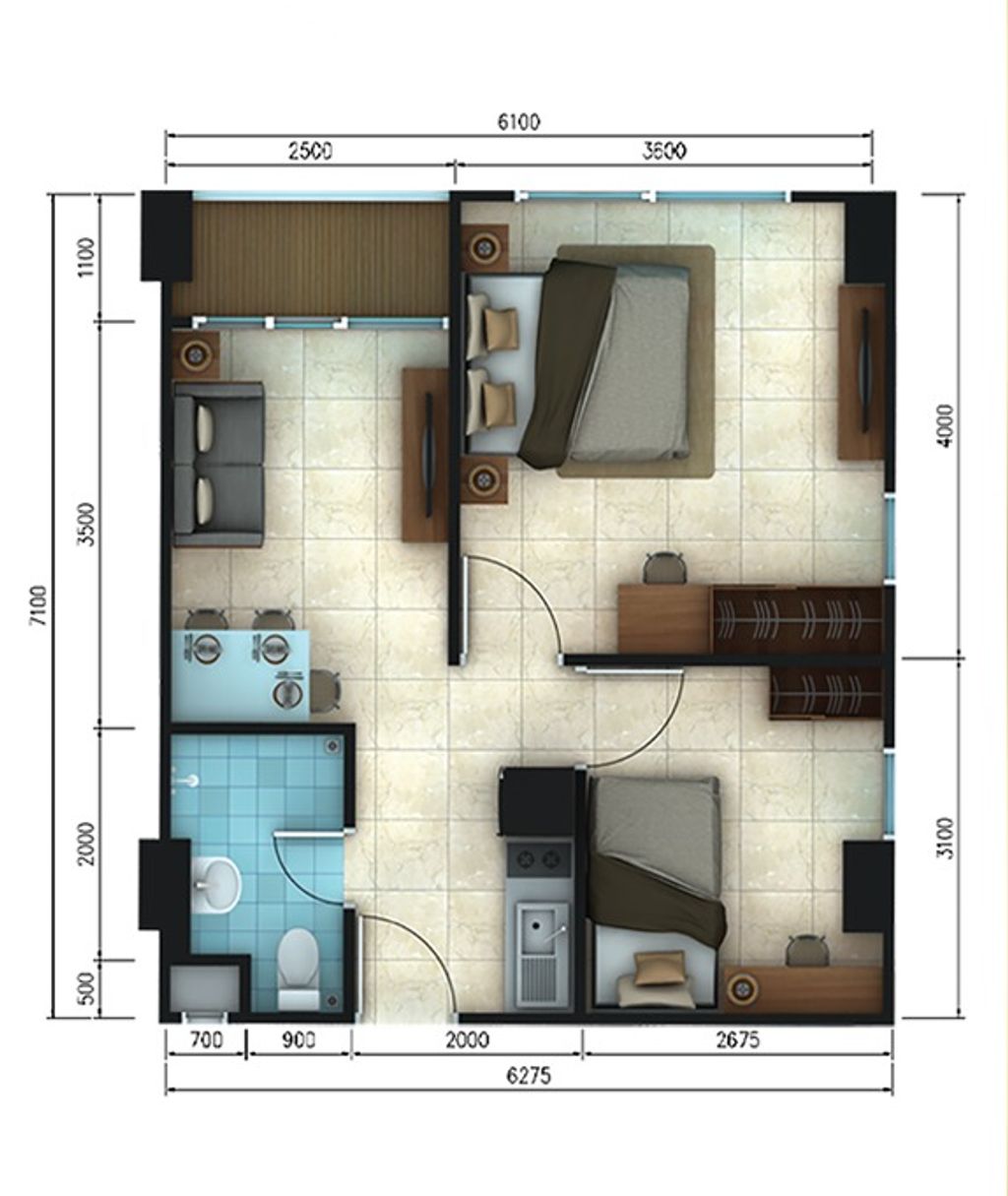 foto denah rumah tipe 2 BR perumahan Apartemen Tamansari Skylounge Makassar