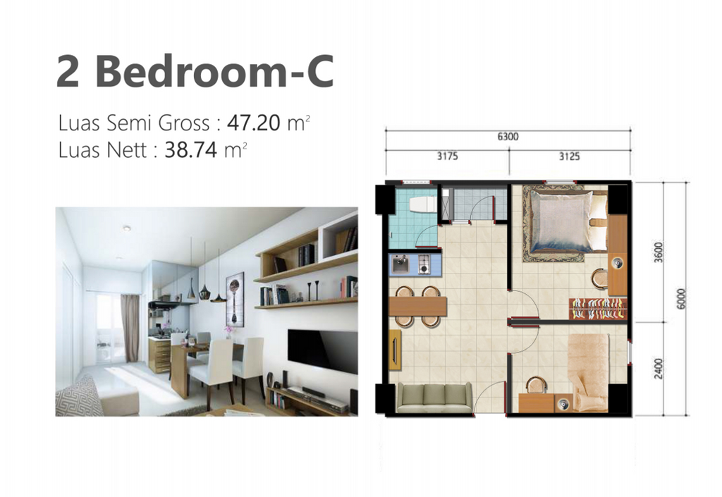 foto denah rumah tipe 2 Bedroom-C perumahan Samesta Sentraland Cengkareng