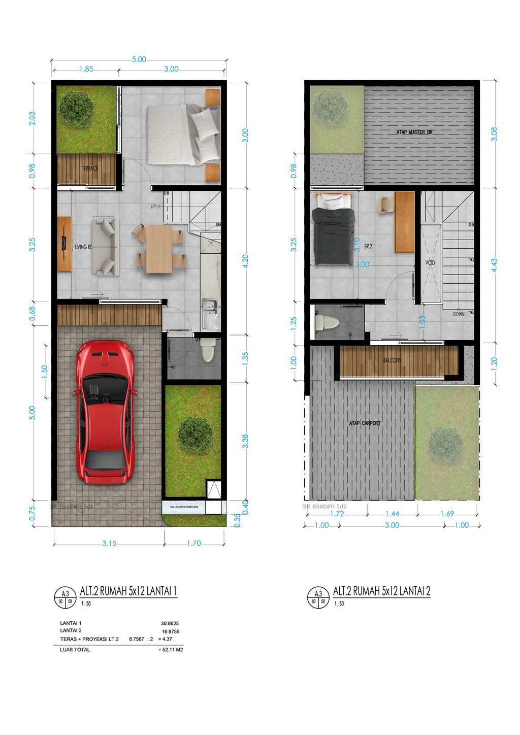 foto denah rumah tipe T.52/66 perumahan THE PERMATA VILLAS