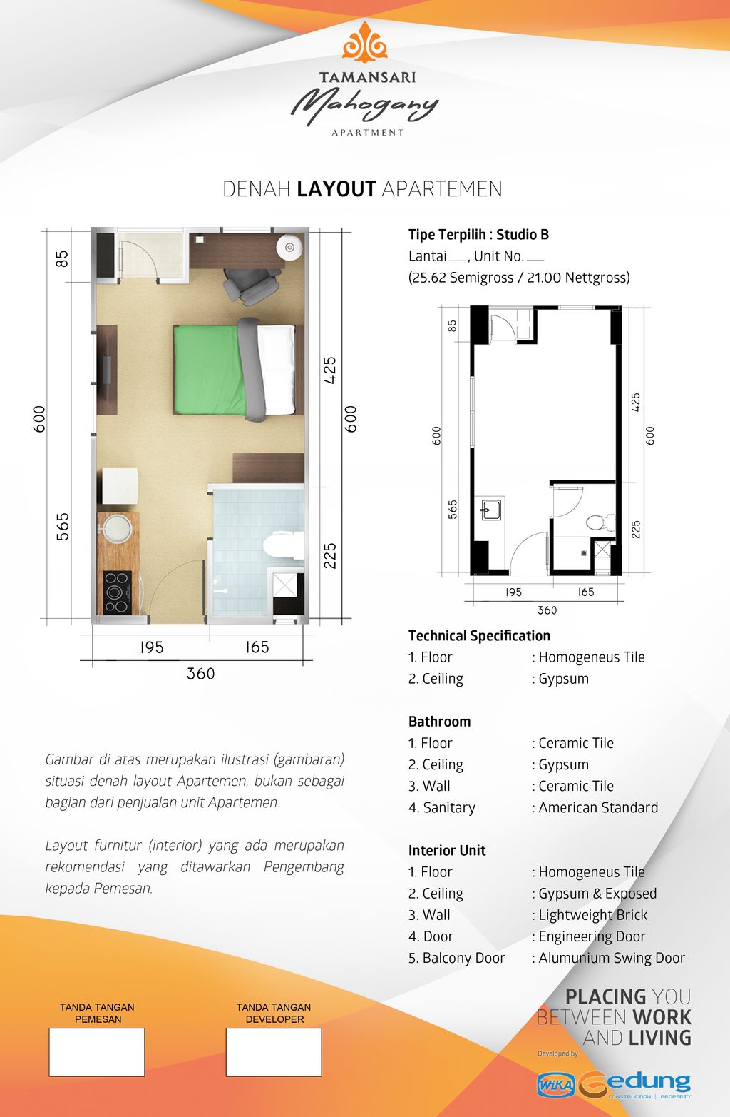 foto denah rumah tipe Studio B perumahan TAMANSARI MAHOGANY APARTMENT