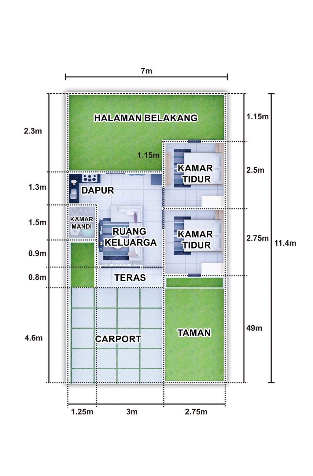 foto denah rumah tipe 28/77 perumahan Metaverse Telagawaru