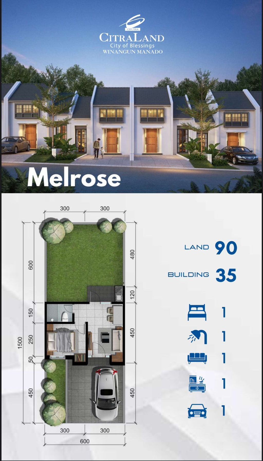 foto denah rumah tipe MELROSE perumahan CITRALAND WINANGUN MANADO CLUSTER SKY PARK