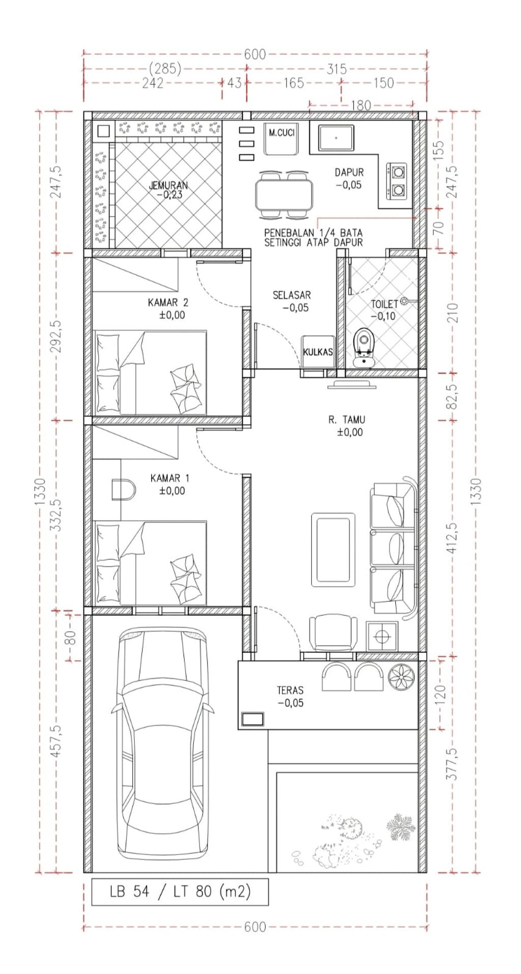 foto denah rumah tipe 54/80 perumahan SANTIKA LAND