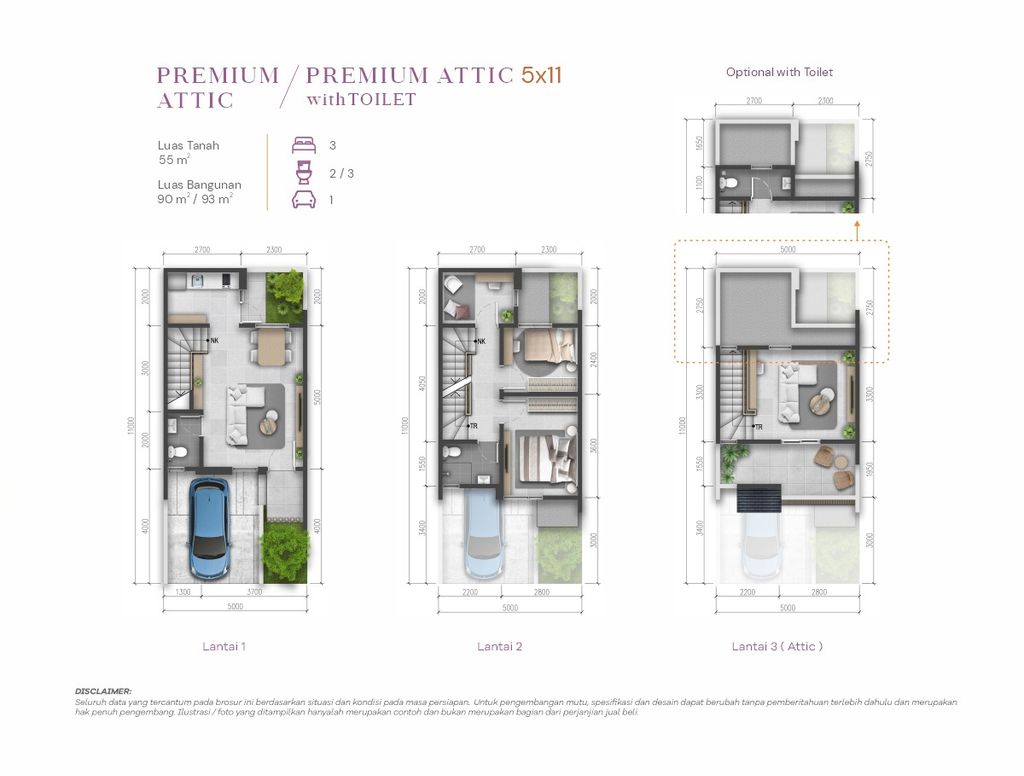 foto denah rumah tipe Viola 5x11 Premium Attic perumahan SUMMARECON CROWN GADING - CLUSTER VIOLA RESIDENCE