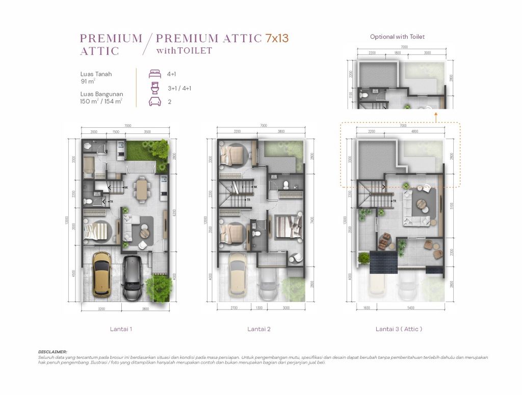 foto denah rumah tipe Viola 7x13 Premium Attic perumahan SUMMARECON CROWN GADING - CLUSTER VIOLA RESIDENCE