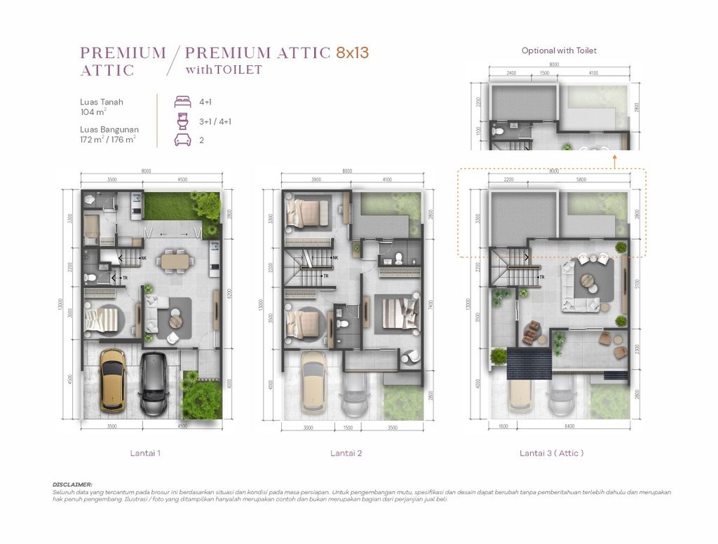 foto denah rumah tipe Viola 8x13 Premium Attic perumahan SUMMARECON CROWN GADING - CLUSTER VIOLA RESIDENCE