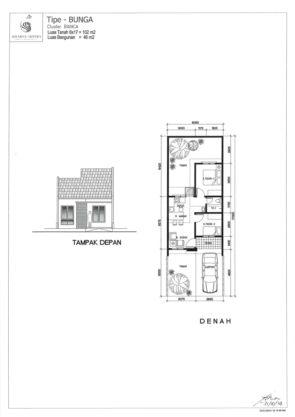 foto denah rumah tipe BUNGA perumahan Cluster Bianca, Suvarna Sutera