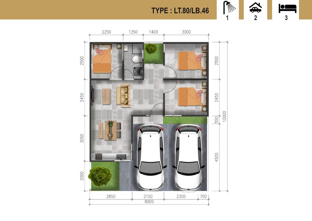 foto denah rumah tipe 52/80 perumahan KALIMAYA PARK