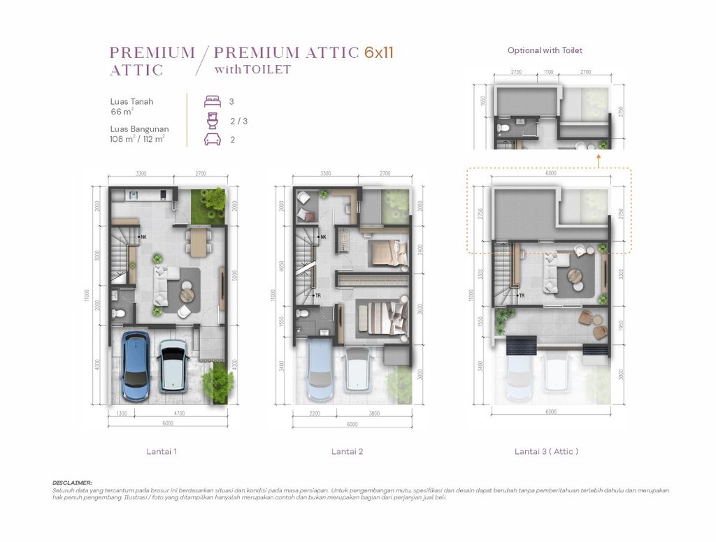 foto denah rumah tipe Viola 6x11 Premium Attic 1 perumahan SUMMARECON CROWN GADING - CLUSTER VIOLA RESIDENCE