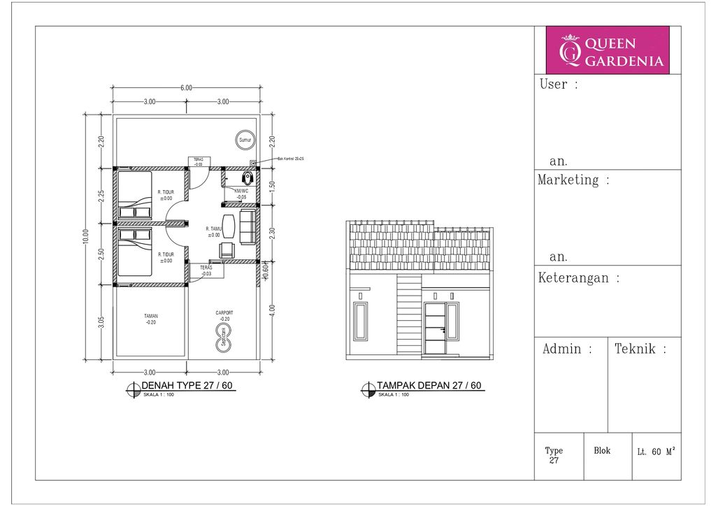 foto denah rumah tipe 27/60 perumahan QUEEN GARDENIA 2