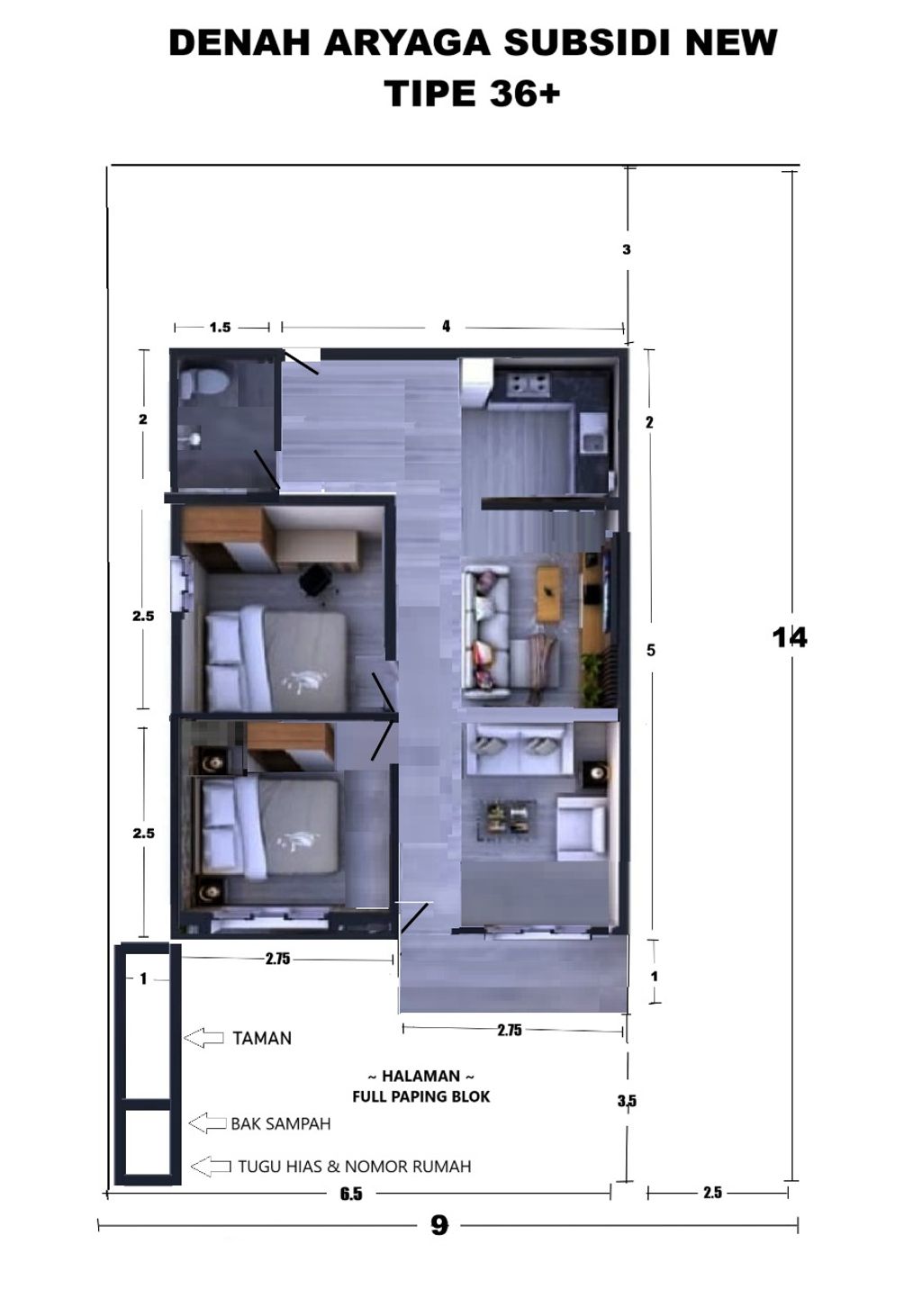 foto denah rumah tipe Aryaga Estate Subsidi Model Baru perumahan ARYAGA ESTATE III