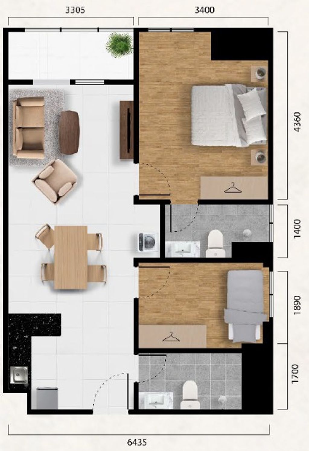 foto denah rumah tipe 2 BR B perumahan Saffron Noble Apartment