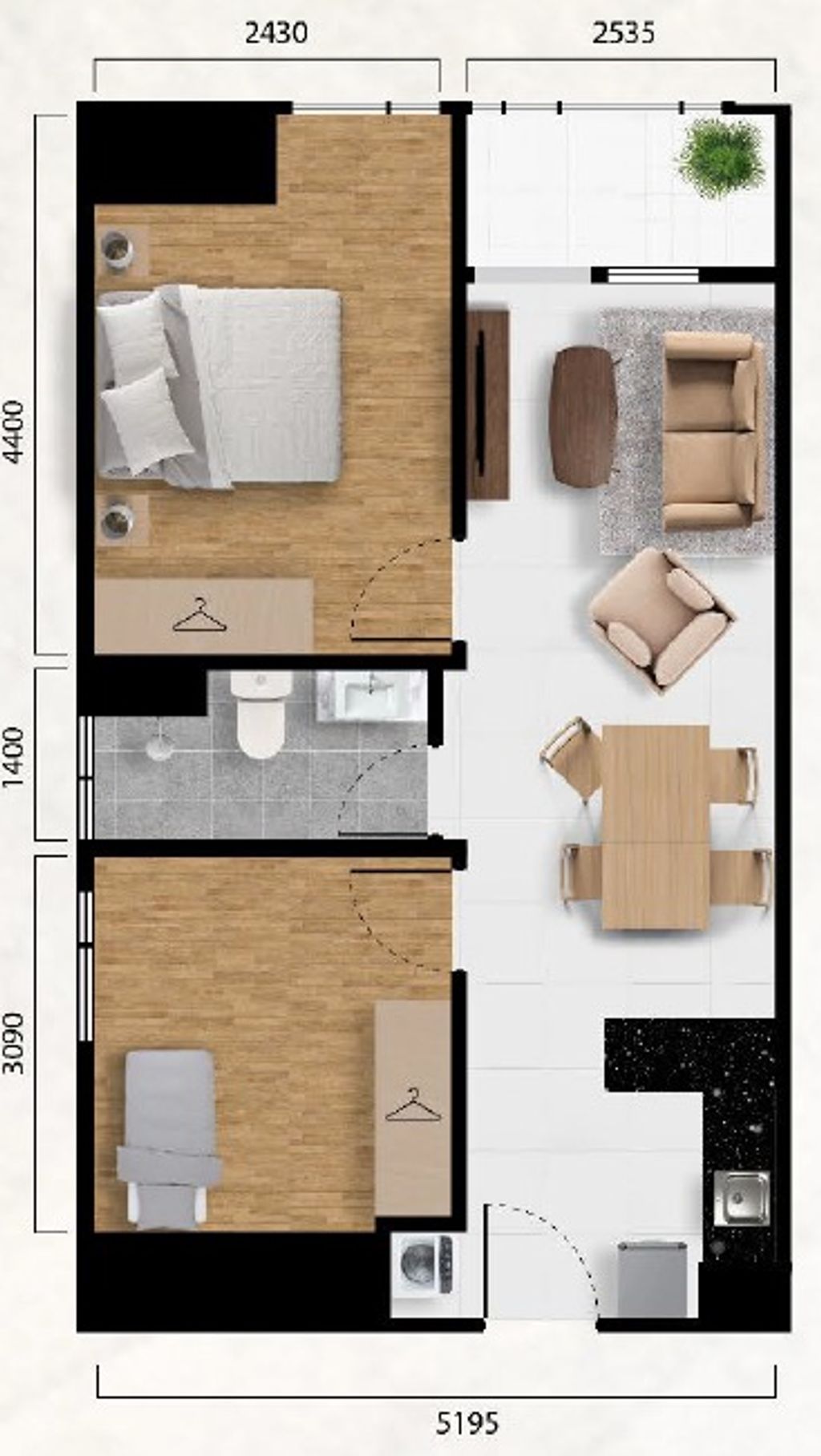 foto denah rumah tipe 2 BR A perumahan Saffron Noble Apartment