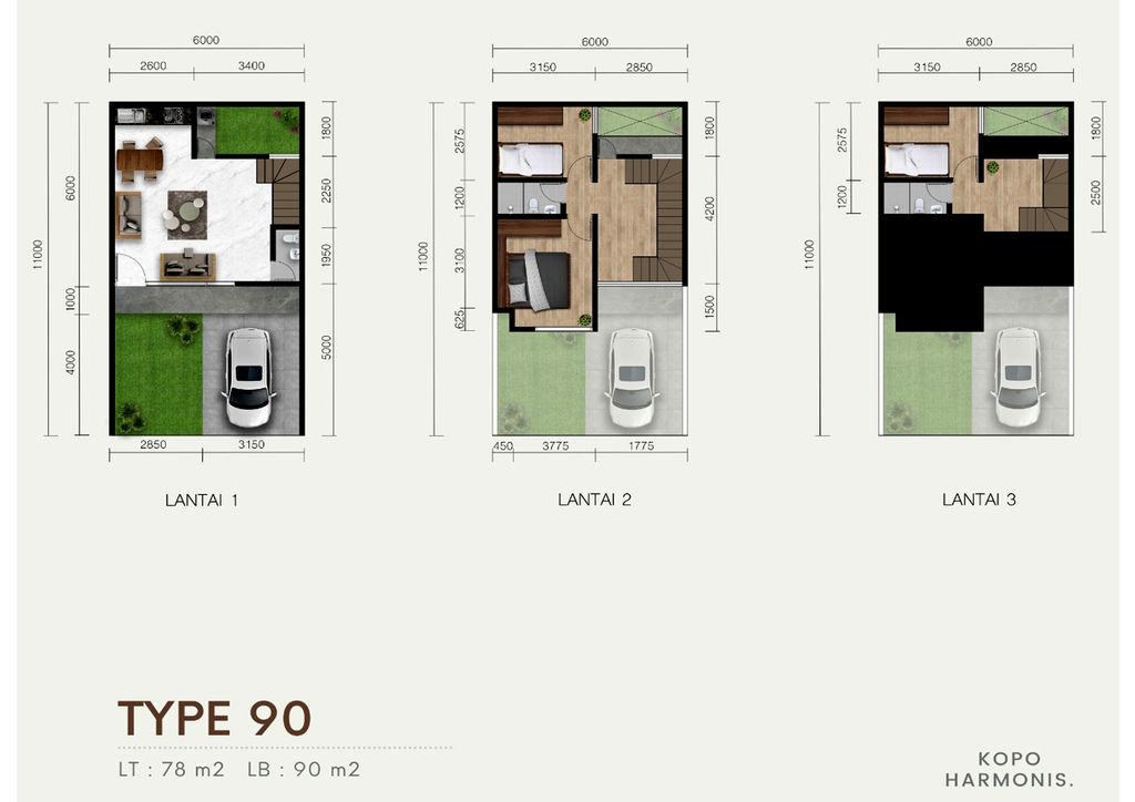 foto denah rumah tipe 90 (B36) perumahan Kopo Harmonis Townhouse
