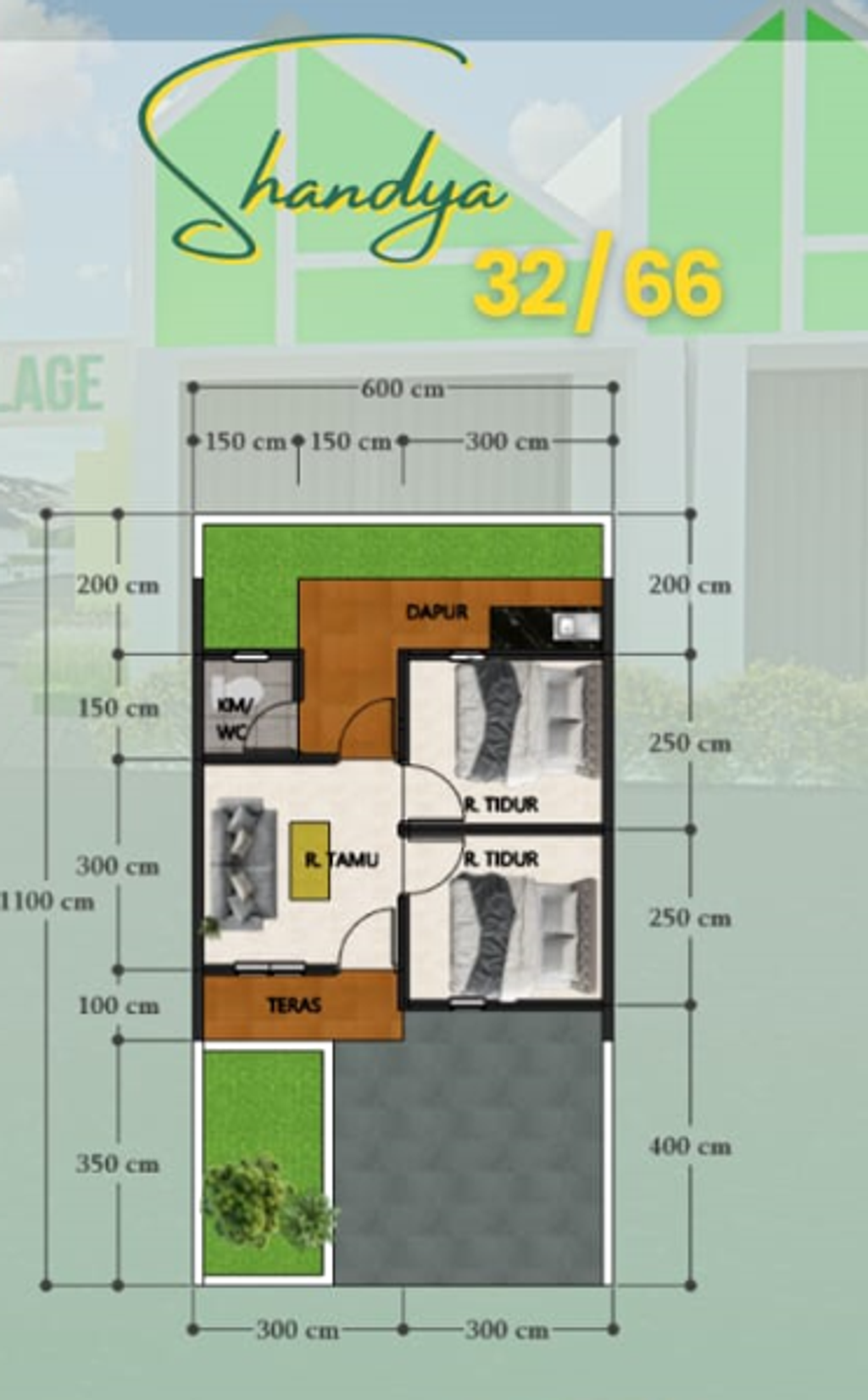 foto denah rumah tipe 32/66 Cluster Shandya perumahan MANARAN VILLAGE