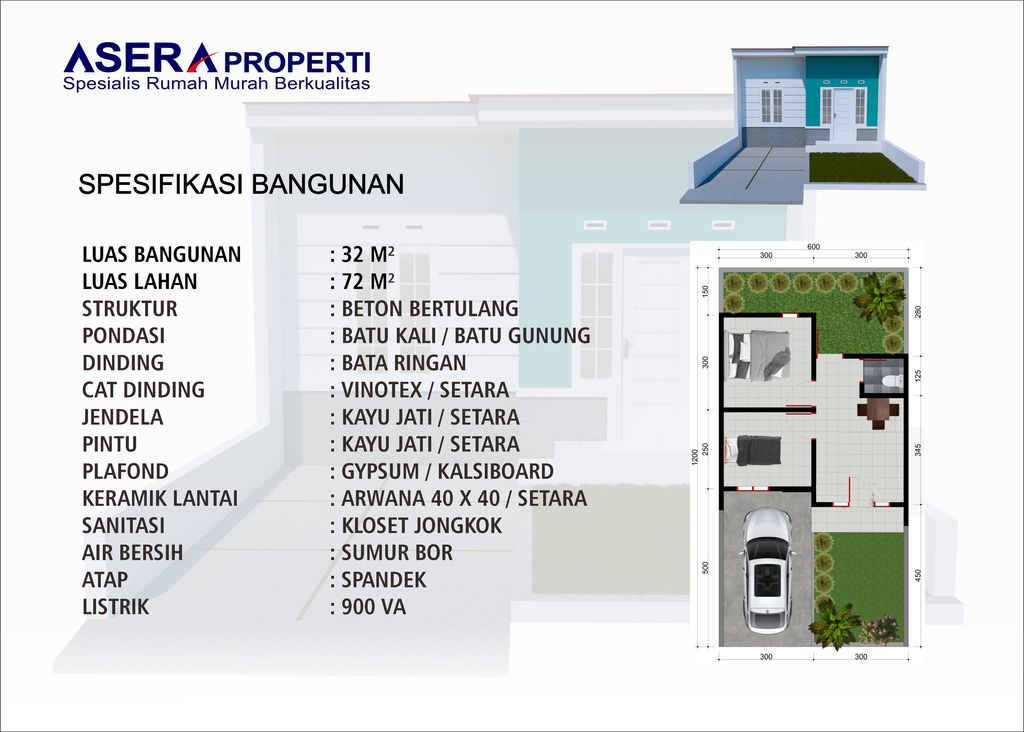 foto denah rumah tipe 32/72 perumahan PESONA ASERA PERMAI