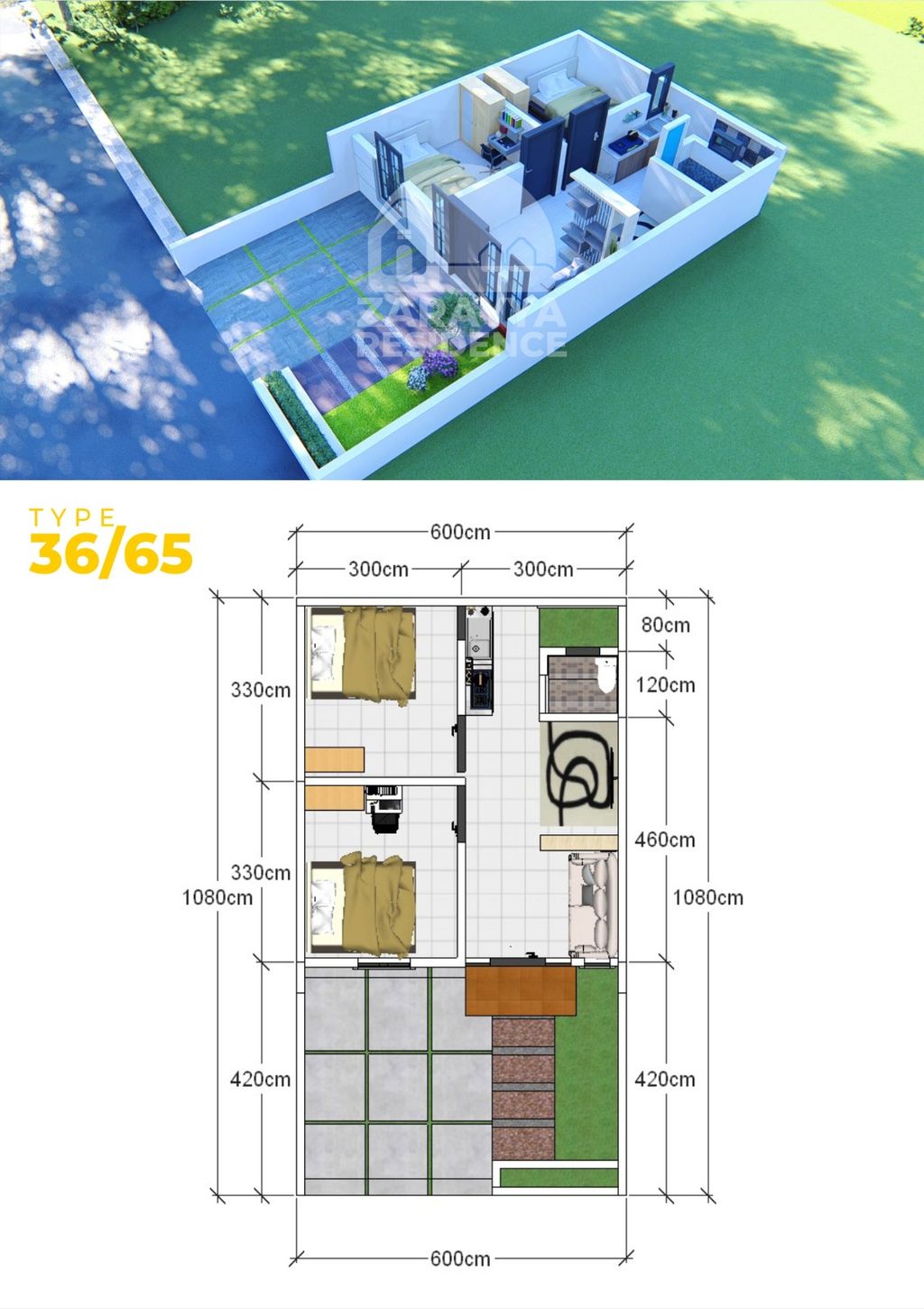 foto denah rumah tipe 36 perumahan ZARAYYA RESIDENCE WATUSALAM