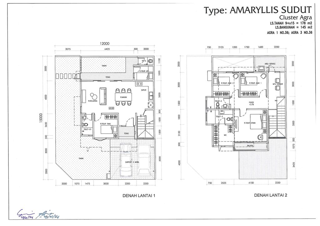 foto denah rumah tipe AMARYLLIS SUDUT perumahan CLUSTER AGRA, SUVARNA SUTERA