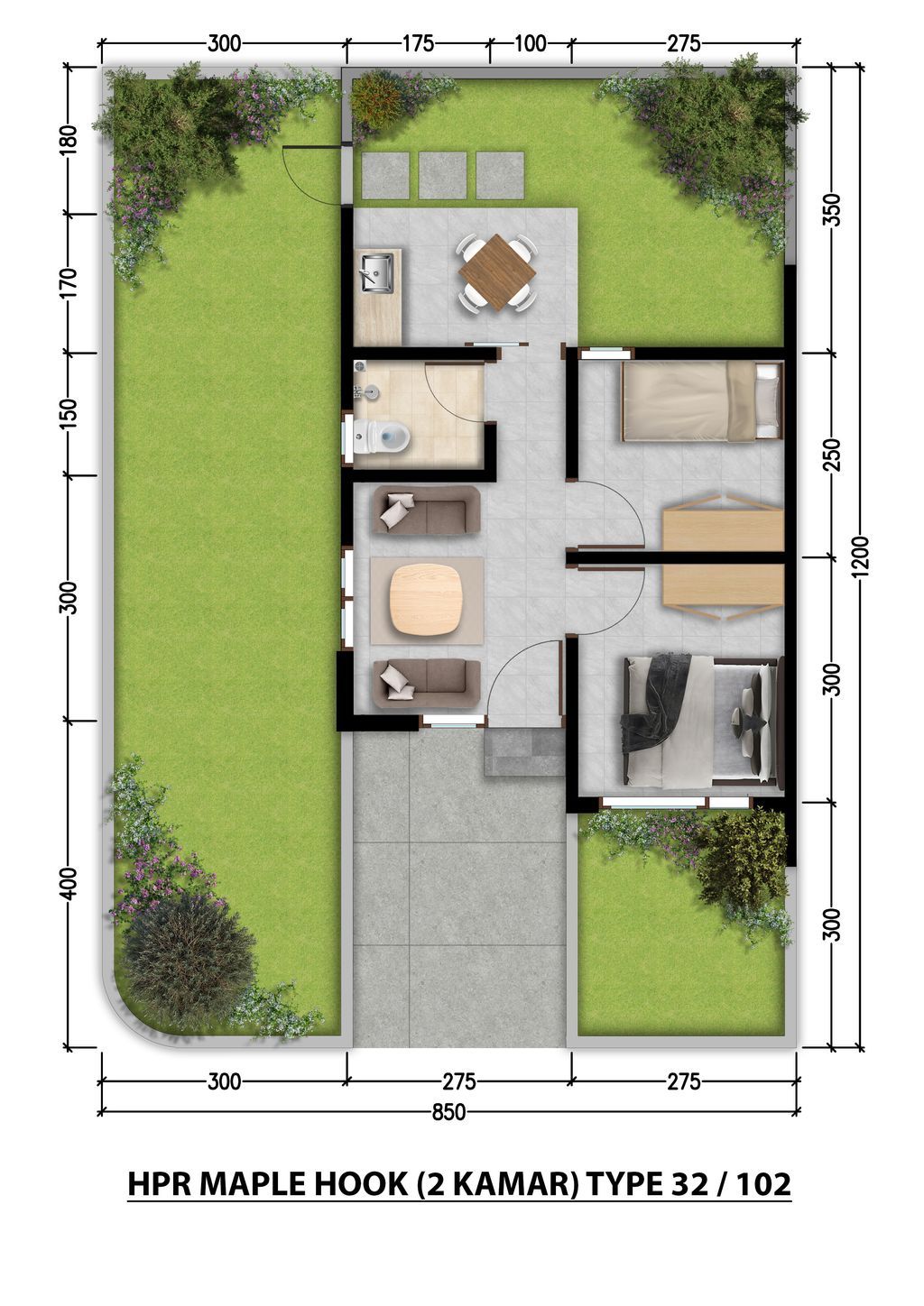 foto denah rumah tipe 32/118 MAPLE STANDARD 583.085.000 perumahan HARMONI PARK RESIDENCE