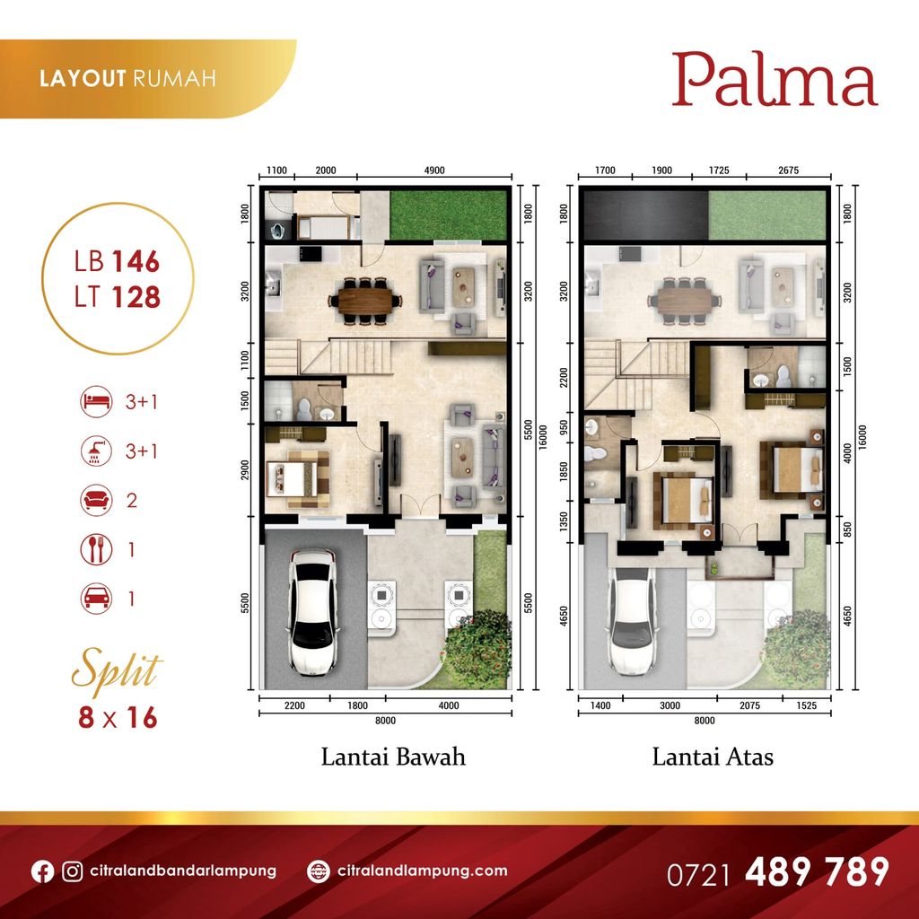foto denah rumah tipe PALMA SPLIT perumahan CITRALAND BANDAR LAMPUNG - REVISI II