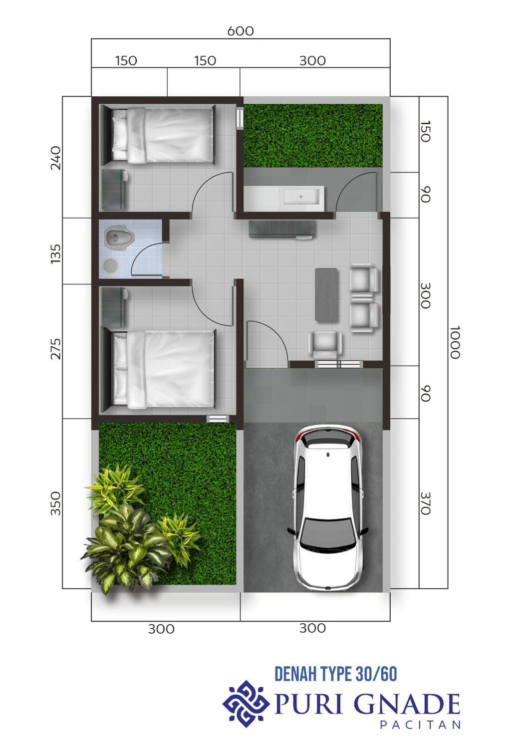 foto denah rumah tipe Scandinavian 2 Kamar perumahan Puri Gnade Pacitan