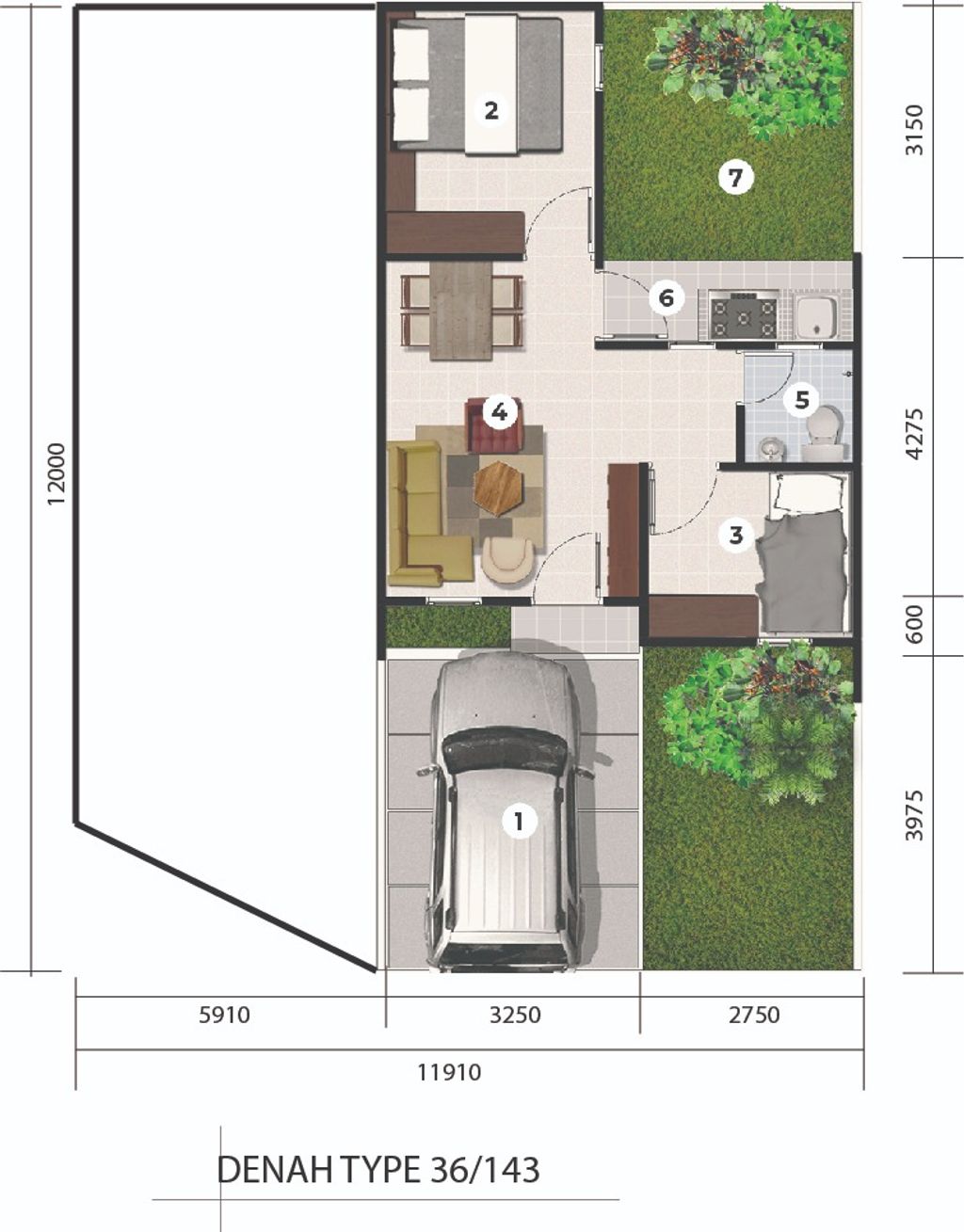 foto denah rumah tipe 36/143 perumahan Padma Hills