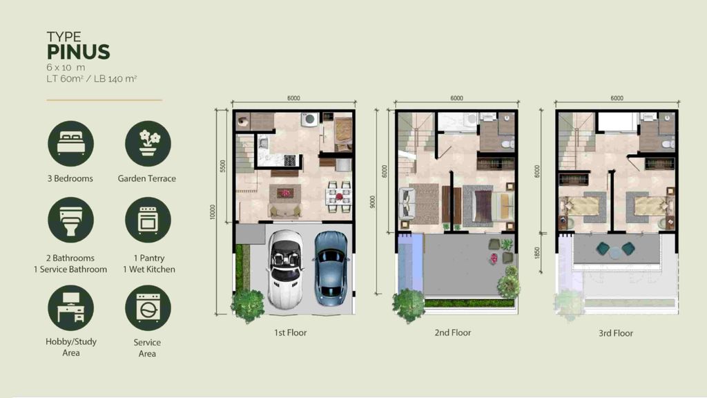 foto denah rumah tipe PINUS perumahan CLUSTER BOTANY HILLS