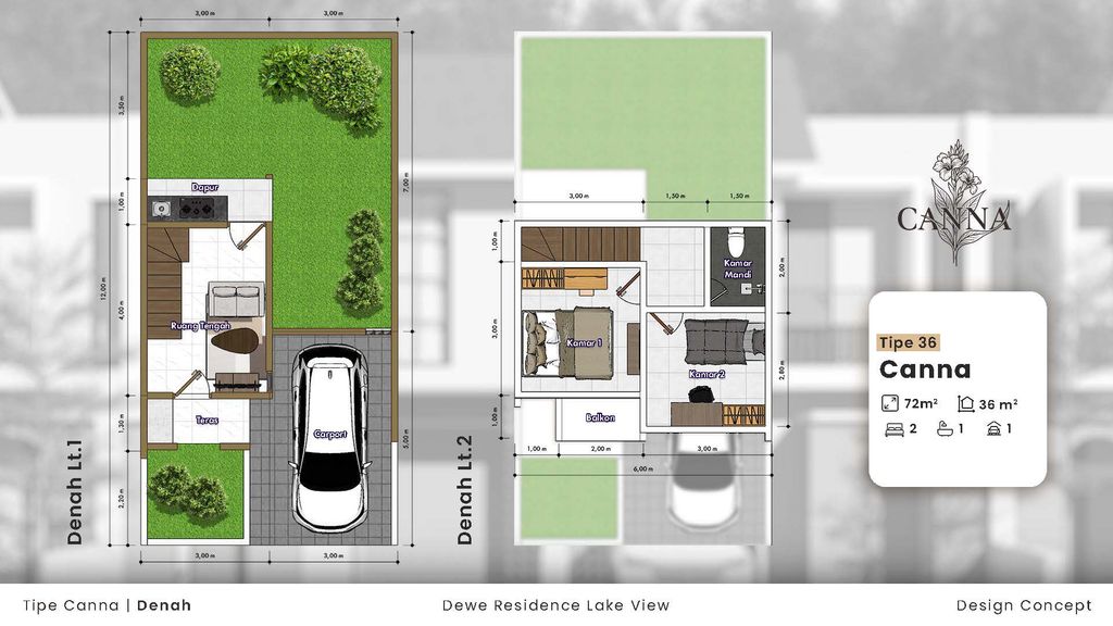 foto denah rumah tipe CANNA perumahan DEWE RESIDENCE LAKE VIEW