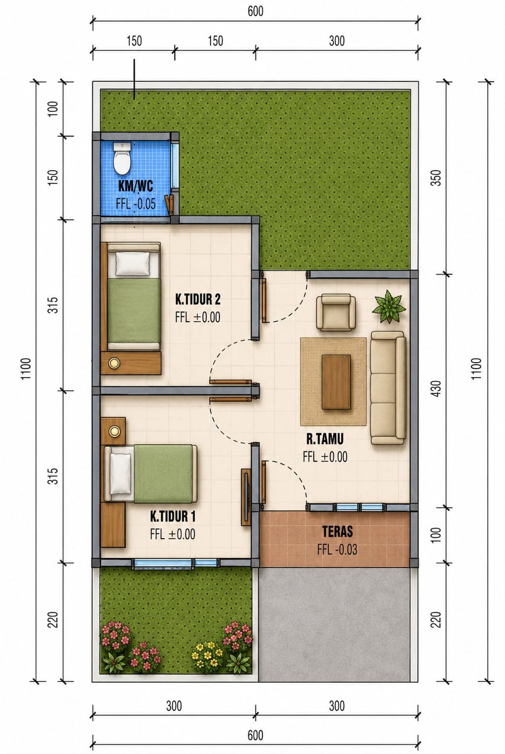foto denah rumah tipe 36/80 perumahan PALM GREEN RESIDENCE 2