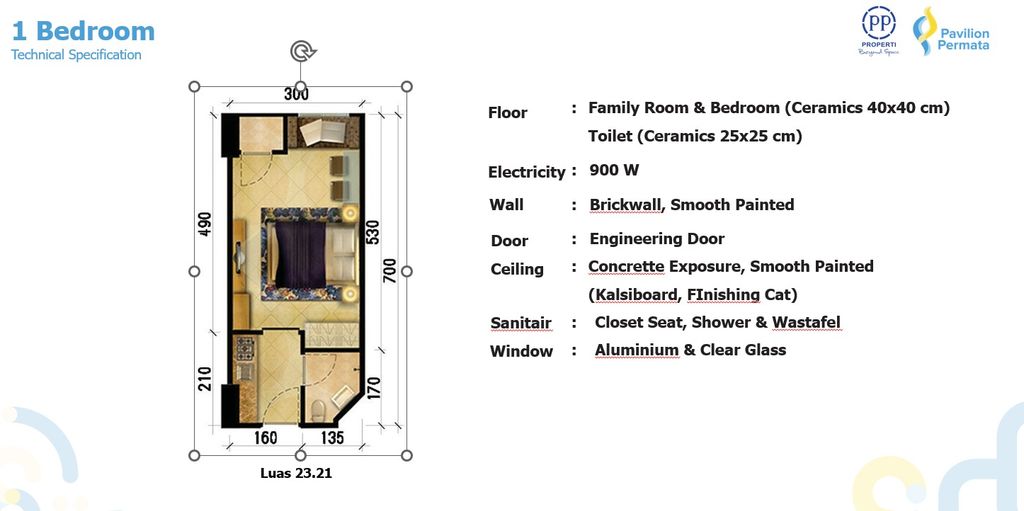 foto denah rumah tipe 1BR 1529 perumahan Apartemen Pavilion Permata