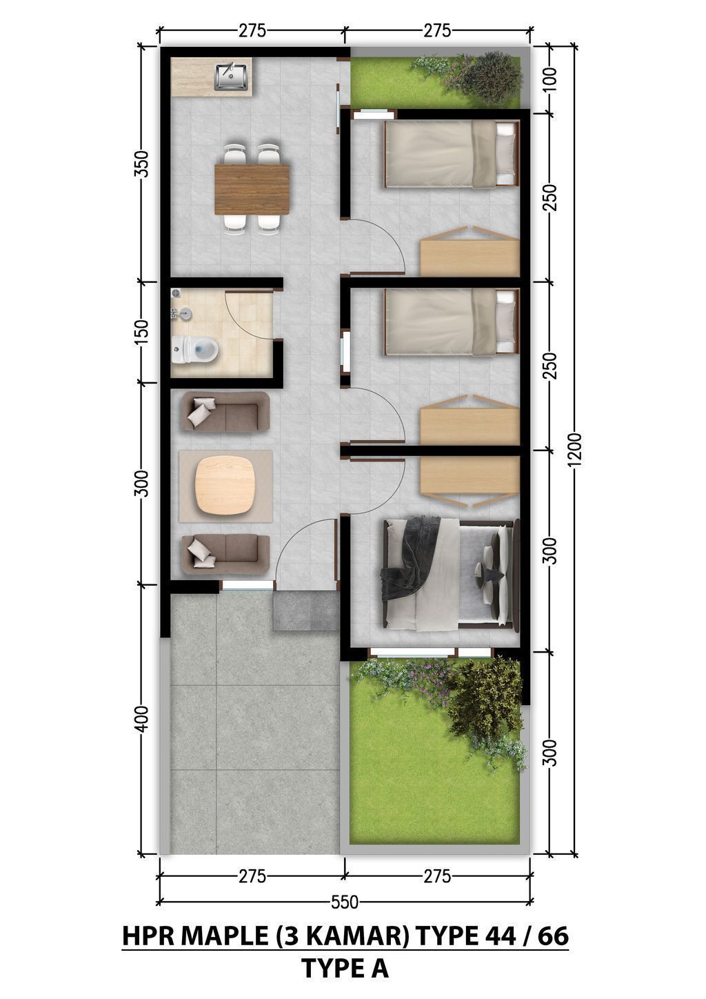 foto denah rumah tipe 44/66 472.772.800 maple deluxe perumahan HARMONI PARK RESIDENCE